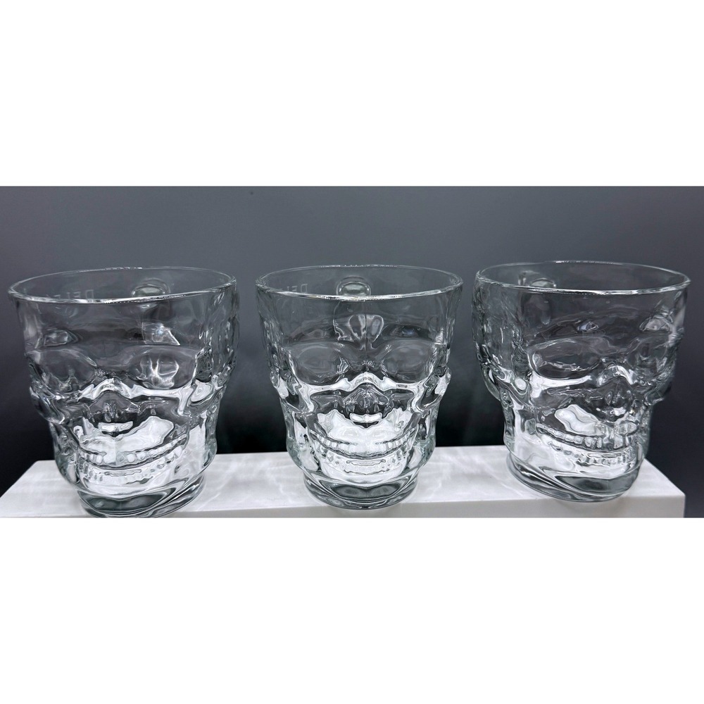 Luminarc DeLeon Tequila Skull Mugs Clear Glass Set of 3 Barware 4in